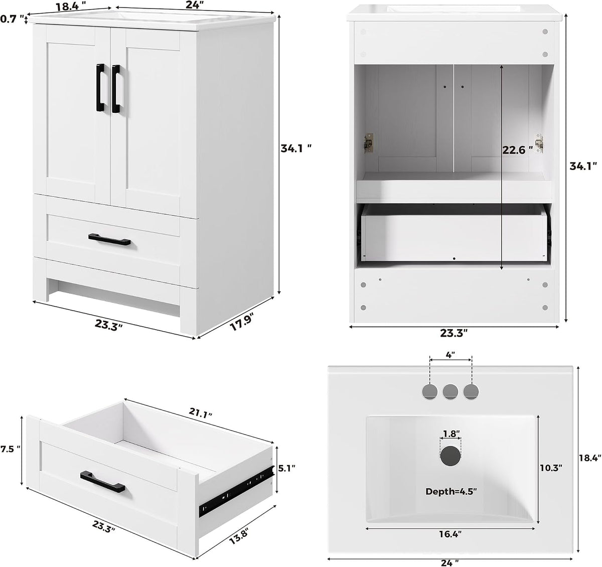 IRONCK 24" Bathroom Vanity with Sink, 1 Soft-Close Drawer & 2 Doors, White