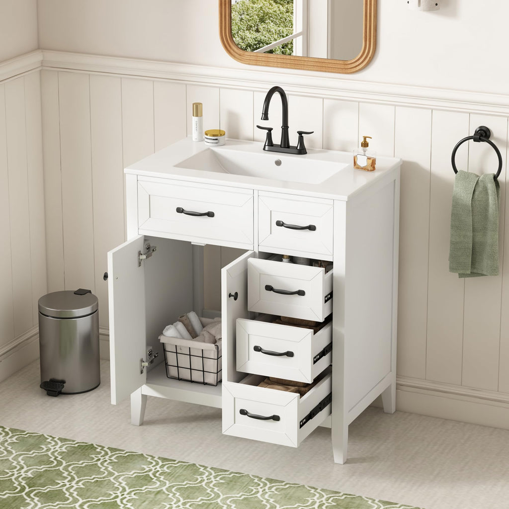 36 Inch Bathroom Vanities with Undermount Ceramic Sink, Storage Cabinet with Soft Closing Doors and Three Drawers, Solid Wood Frame, Natural Wood