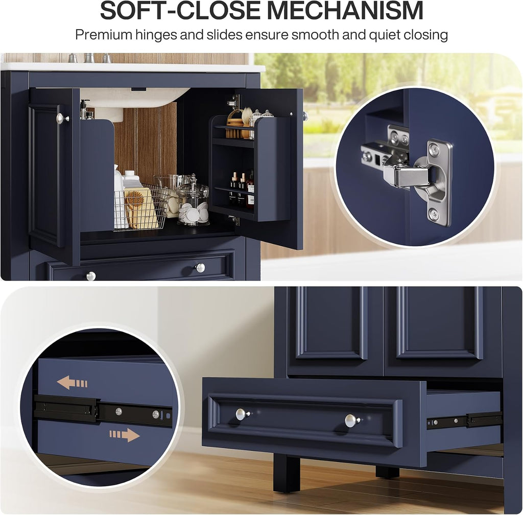 Tribesigns 30" Bathroom Vanity with Sink, Freestanding Bathroom Vanities Cabinet with Ceramic Basin Combo, Bathroom Sink Cabinet with 2 Doors and 1 Drawer, Solid Wooden Frame (Navy Blue, 30 INCH)