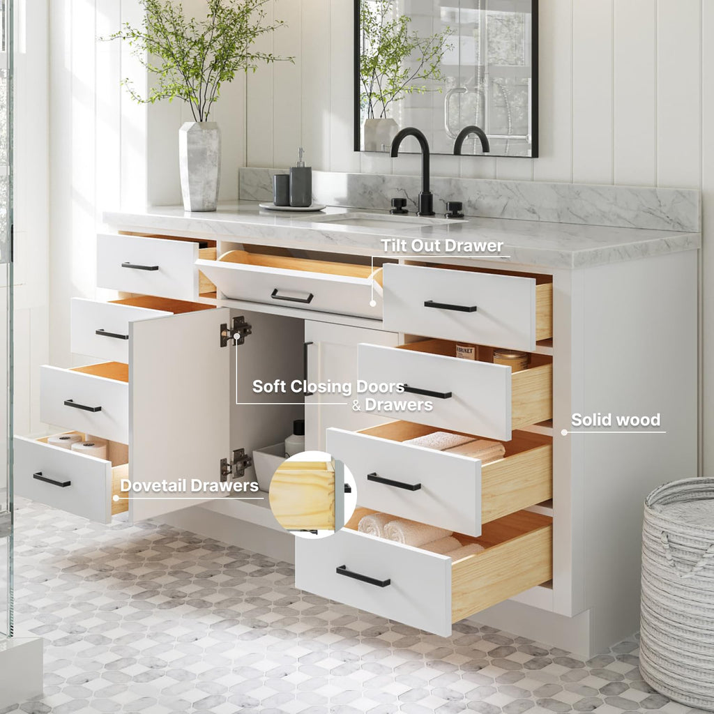 ARIEL Hepburn 66-inch Bathroom Vanity with Sink,Solid Wood, 1.5-inch Pure White Quartz Countertop & Backsplash, Single Rectangular Porcelain Sink, 2 Soft Closing Doors, 9 Dovetail Drawers, White