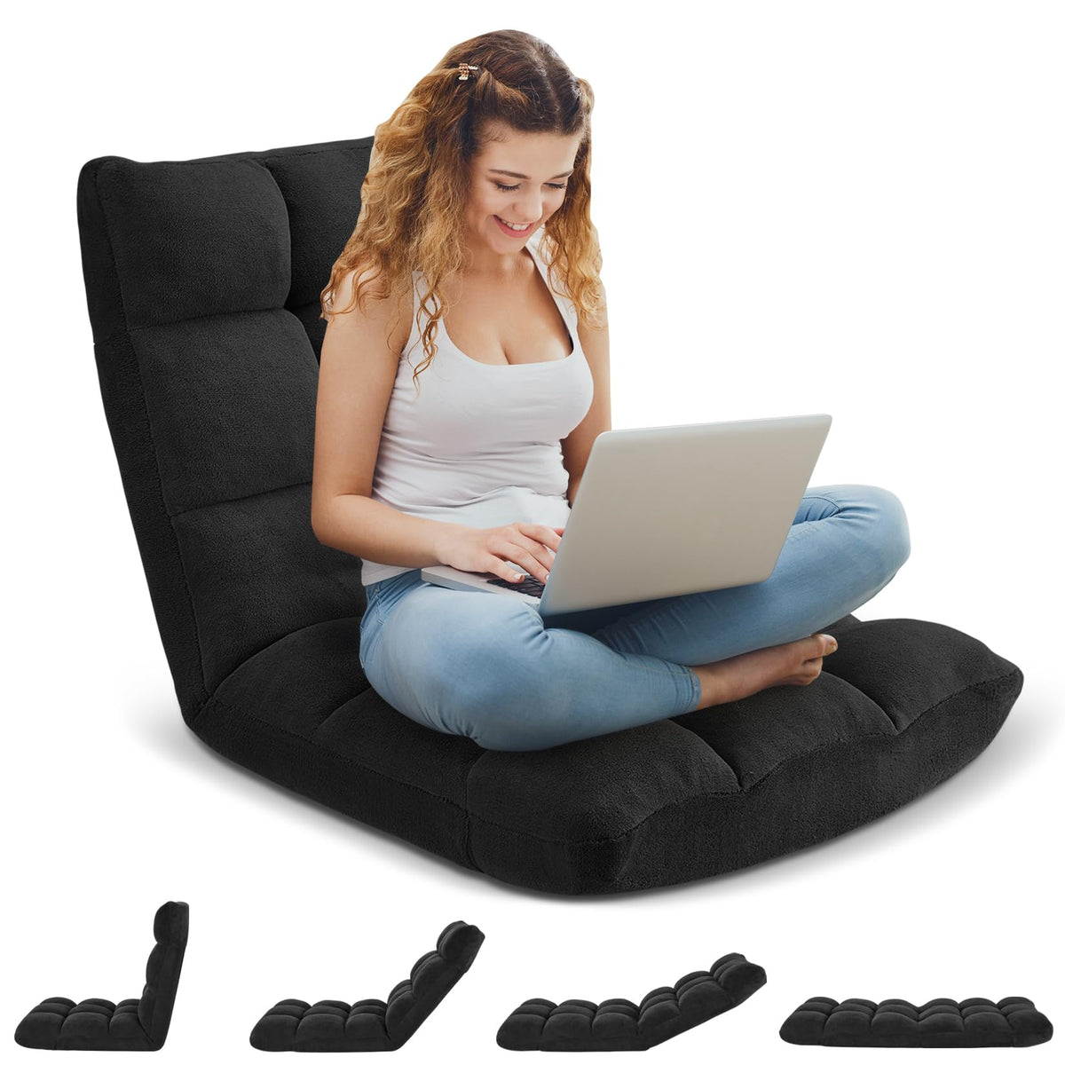 Folding Floor Gaming Chair 14-Poistion Cushioned Adjustable Floor Lazy Sofa Chair w/Breathable Cotton & Skin-Friendly Velvet for Adults & Kids Perfect for Reading Gaming Meditating, Darkblue