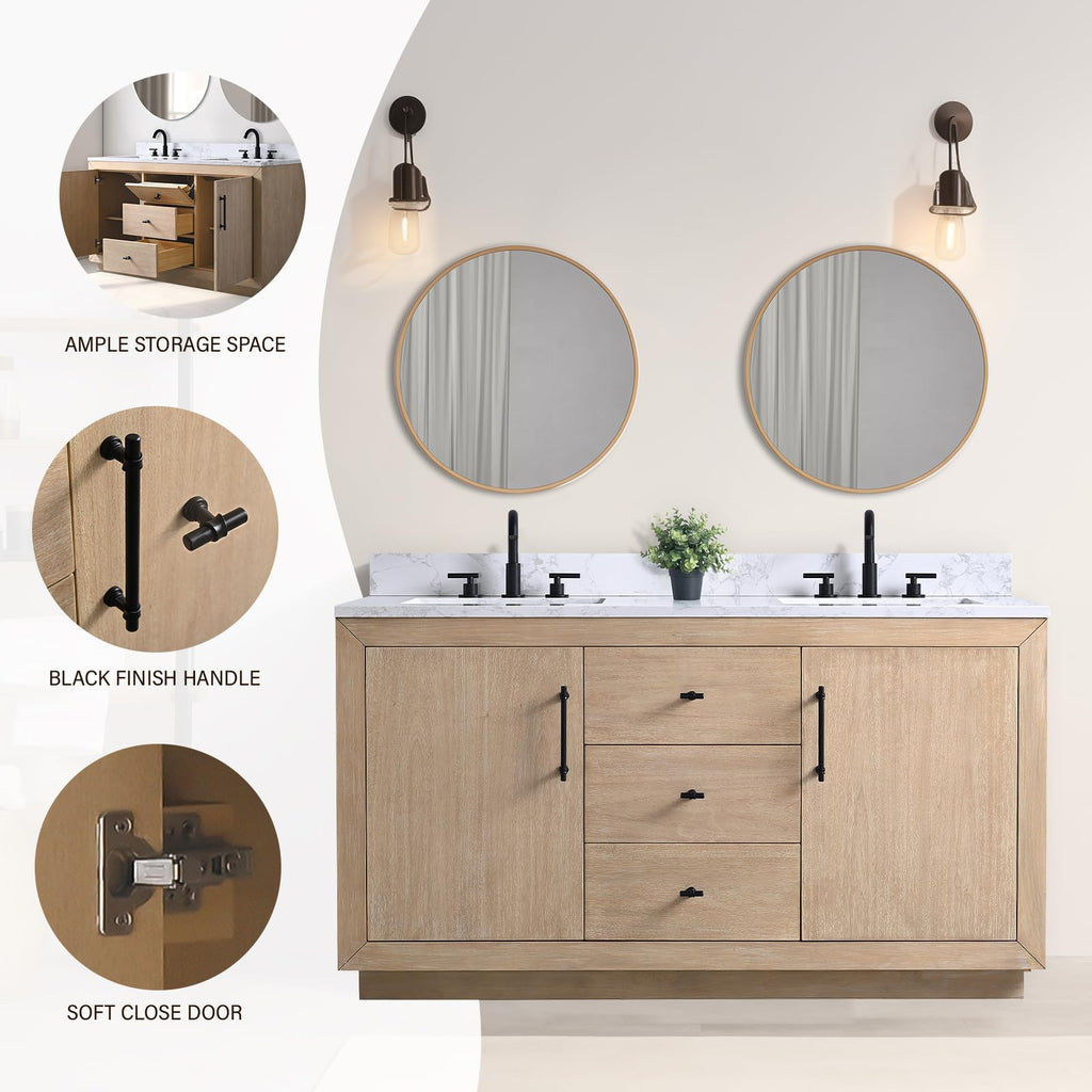 HOMEBEYOND 72" Bathroom Vanity with Double Sink & Ceramic Top, MDF Material Vanity Cabinet with Basin Combo, Soft-Closing Doors, Removable Shelf, Backsplash, Tan