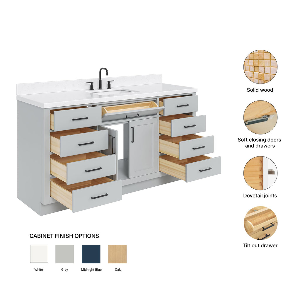 ARIEL Hepburn 66-inch Bathroom Vanity with Sink,Solid Wood, 1.5-inch Pure White Quartz Countertop & Backsplash, Single Rectangular Porcelain Sink, 2 Soft Closing Doors, 9 Dovetail Drawers, White