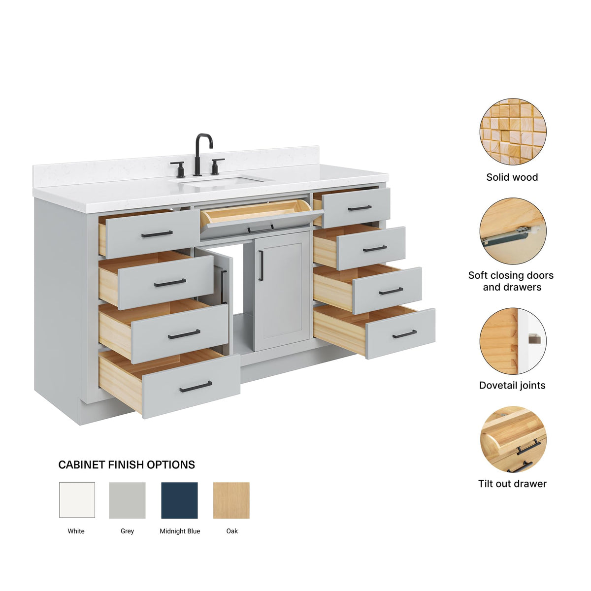 ARIEL Hepburn 66-inch Bathroom Vanity with Sink,Solid Wood, 1.5-inch Pure White Quartz Countertop & Backsplash, Single Rectangular Porcelain Sink, 2 Soft Closing Doors, 9 Dovetail Drawers, White