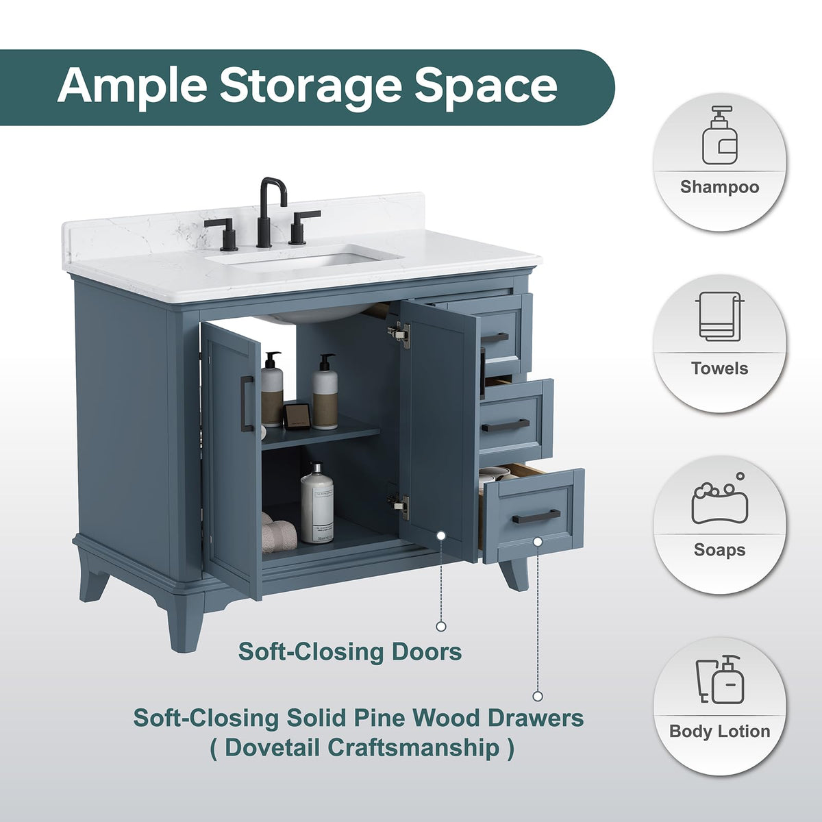 60 Inch Bathroom Vanity Double Sink, Steel Blue