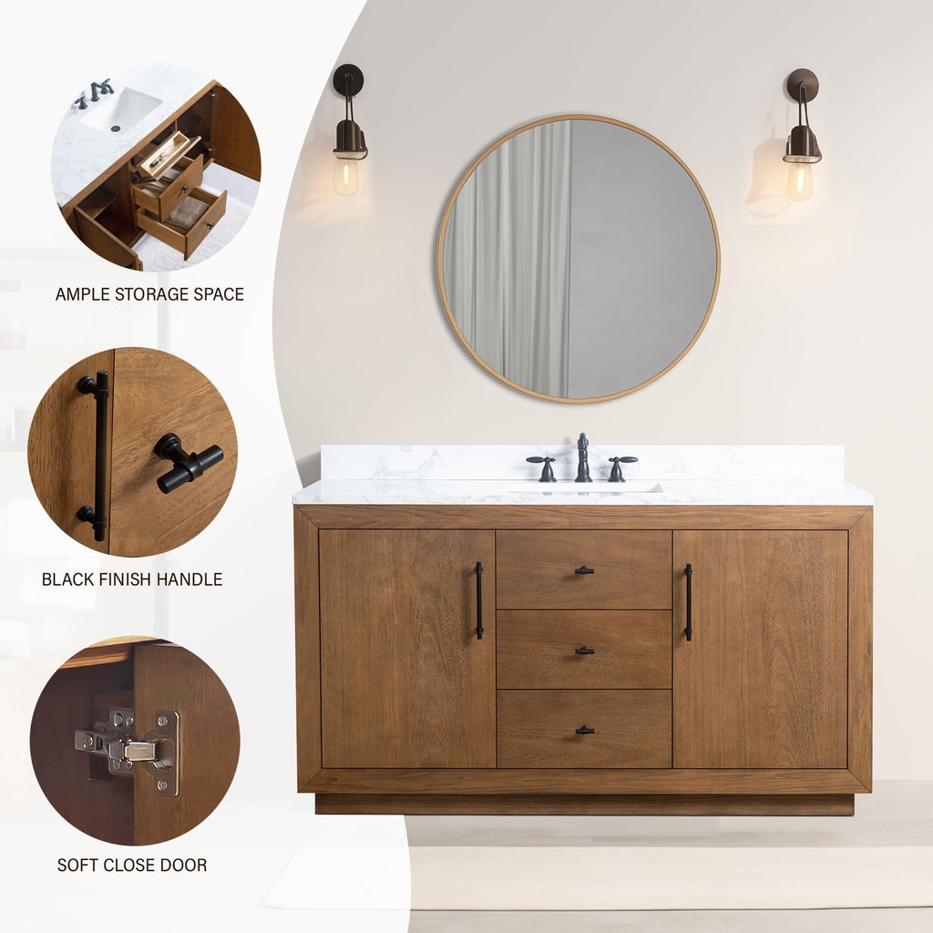 HOMEBEYOND 72" Bathroom Vanity with Double Sink & Ceramic Top, MDF Material Vanity Cabinet with Basin Combo, Soft-Closing Doors, Removable Shelf, Backsplash, Tan