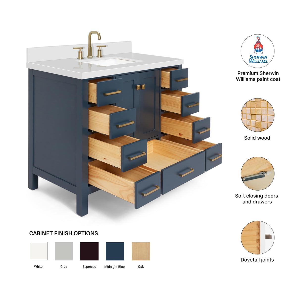 DKB Beckford 42-Inch White Bathroom Vanity with Sink, Solid Wood Base Cabinet, 1.5" White Quartz Countertop, Rectangular Sink, 2 Soft Closing Doors, 9 Drawers