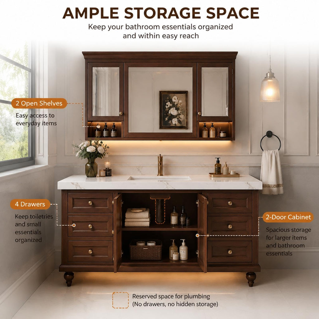 52 in Freestanding Single Sink Bathroom Vanity with Mirror Cabinet