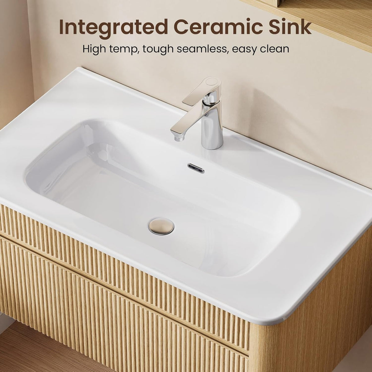ModernMate 30 Inch Floating Bathroom Vanity with Ceramic Sink Combo, Solid Wood Curved Frame, Fluted Modern Wall Mounted Single Cabinet, Smart Storage, Soft-Close Drawer, Easy Assembly, Oak