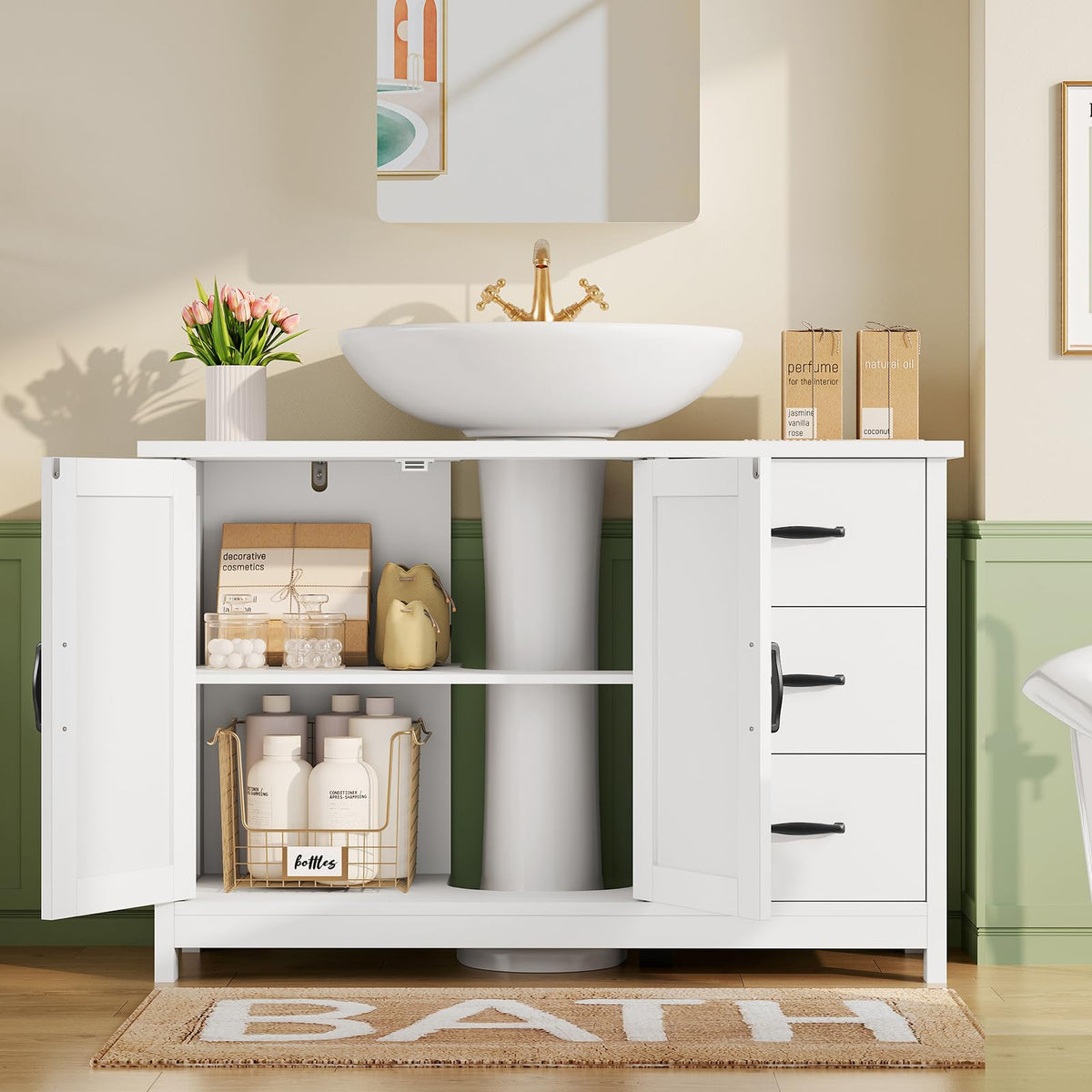 TEENFON Pedestal Sink Storage Cabinet with 2 Doorsand Drawer, Bathroom Sink Cabinet, Under Sink Storage with U-Shape Cut-Out, White