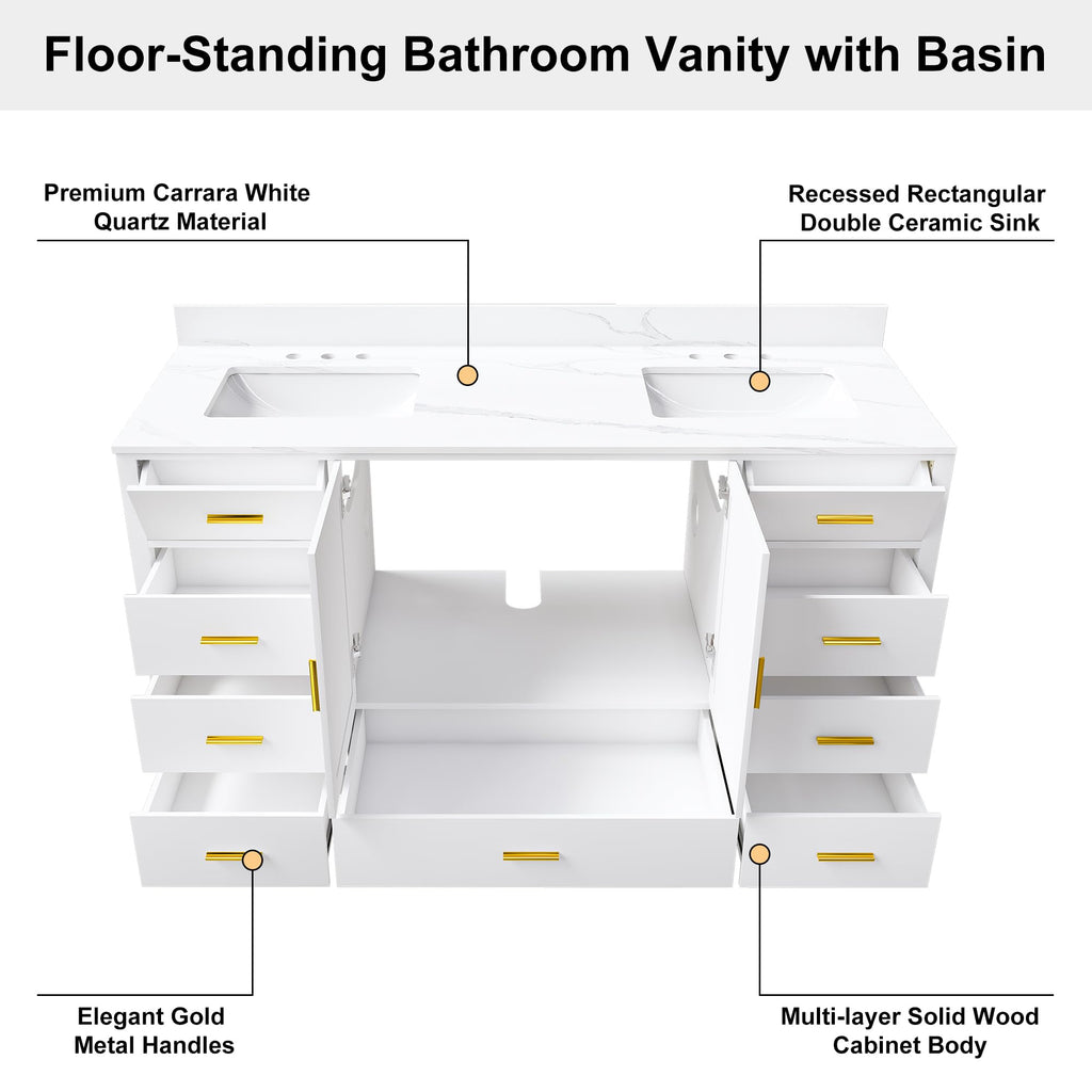 60" Bathroom Vanity Single Sink with 3 Hole, Sink Bathroom Vanity with Solid Wood Frame Storage,Soft Close Double Doors & 9 Sliding Drawers, with Gold Accents