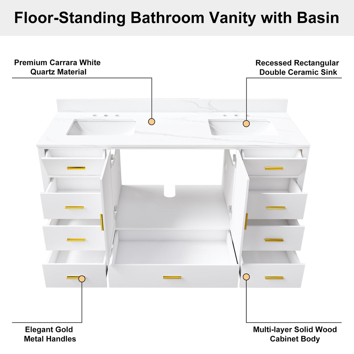 60" Bathroom Vanity Single Sink with 3 Hole, Sink Bathroom Vanity with Solid Wood Frame Storage,Soft Close Double Doors & 9 Sliding Drawers, with Gold Accents