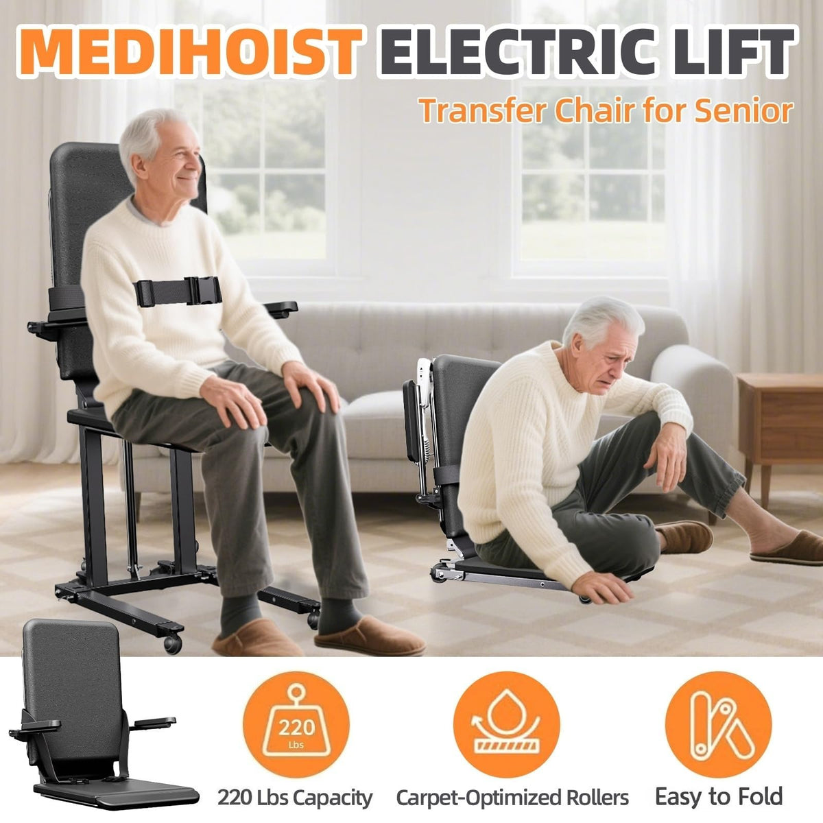 Upgrade Steel Electric Lift Chair with Advanced Wheels and PU Cushion, Floor Lift for Elderly, Support Up to 400 LBS, Safety Seat Belts and Handrails, Suitable for Home or Care Facilities Use, Black