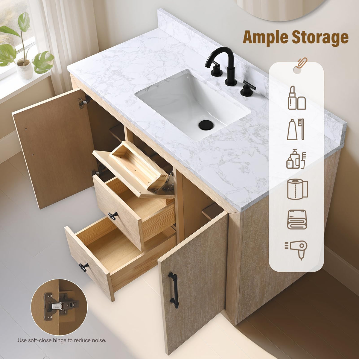 HOMEBEYOND 72" Bathroom Vanity with Double Sink & Ceramic Top, MDF Material Vanity Cabinet with Basin Combo, Soft-Closing Doors, Removable Shelf, Backsplash, Tan