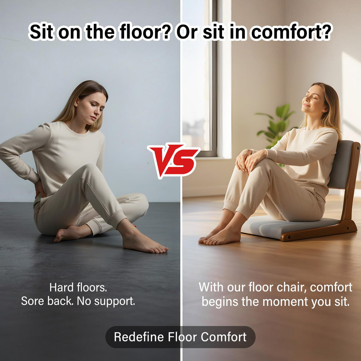 Tiita 2-Pack Foldable Meditation Floor Chairs with Back Support, Wood Grey