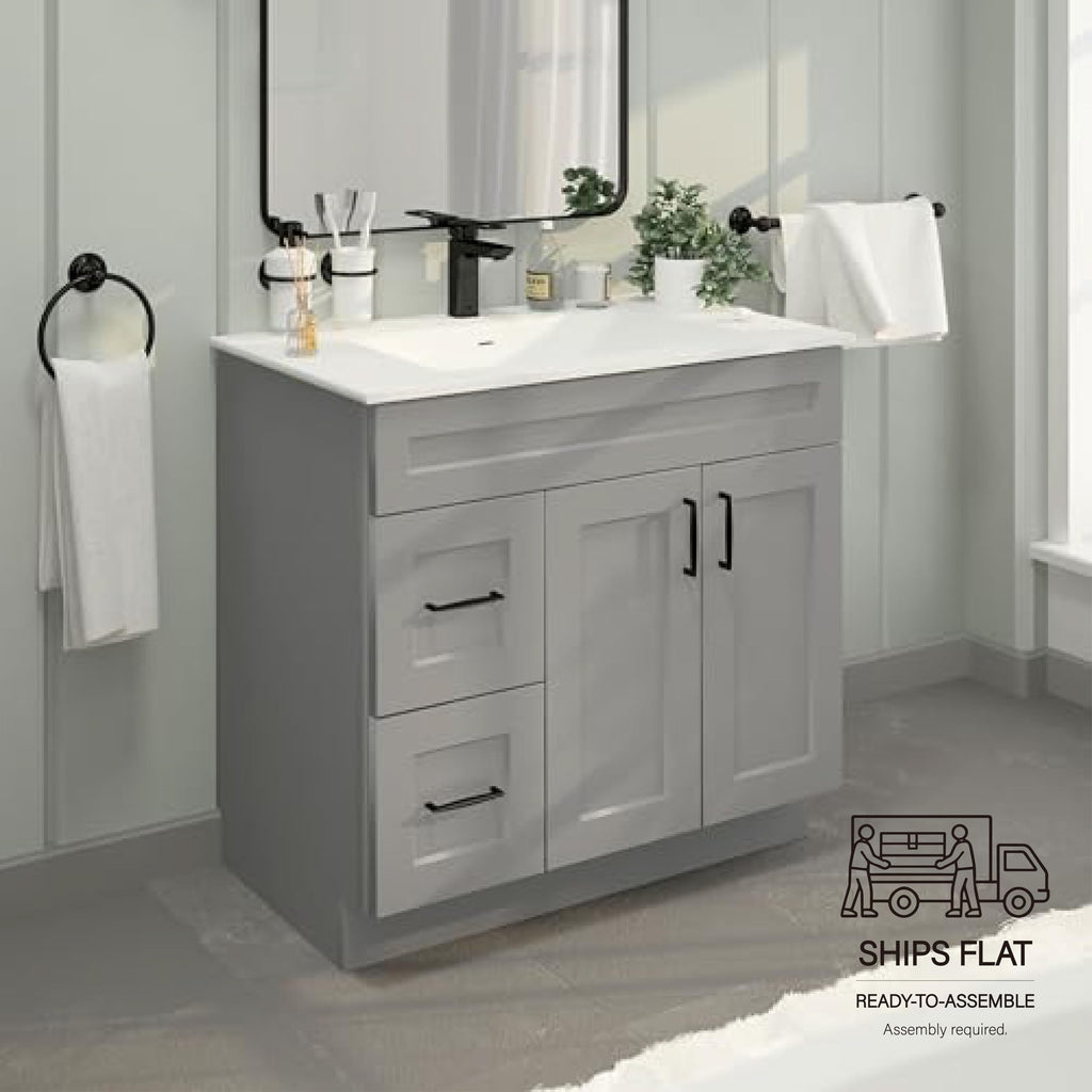 36" Maple Walnut Bathroom Vanity Base â Ready-to-Assemble Sink Cabinet with Drawers, Shaker Style Storage, Base Only, No Top or Sink