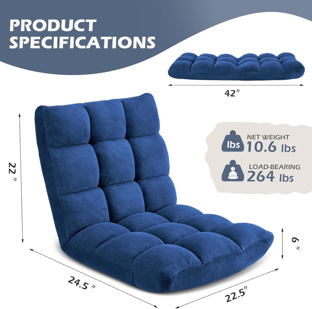 Folding Floor Gaming Chair 14-Poistion Cushioned Adjustable Floor Lazy Sofa Chair w/Breathable Cotton & Skin-Friendly Velvet for Adults & Kids Perfect for Reading Gaming Meditating, Darkblue