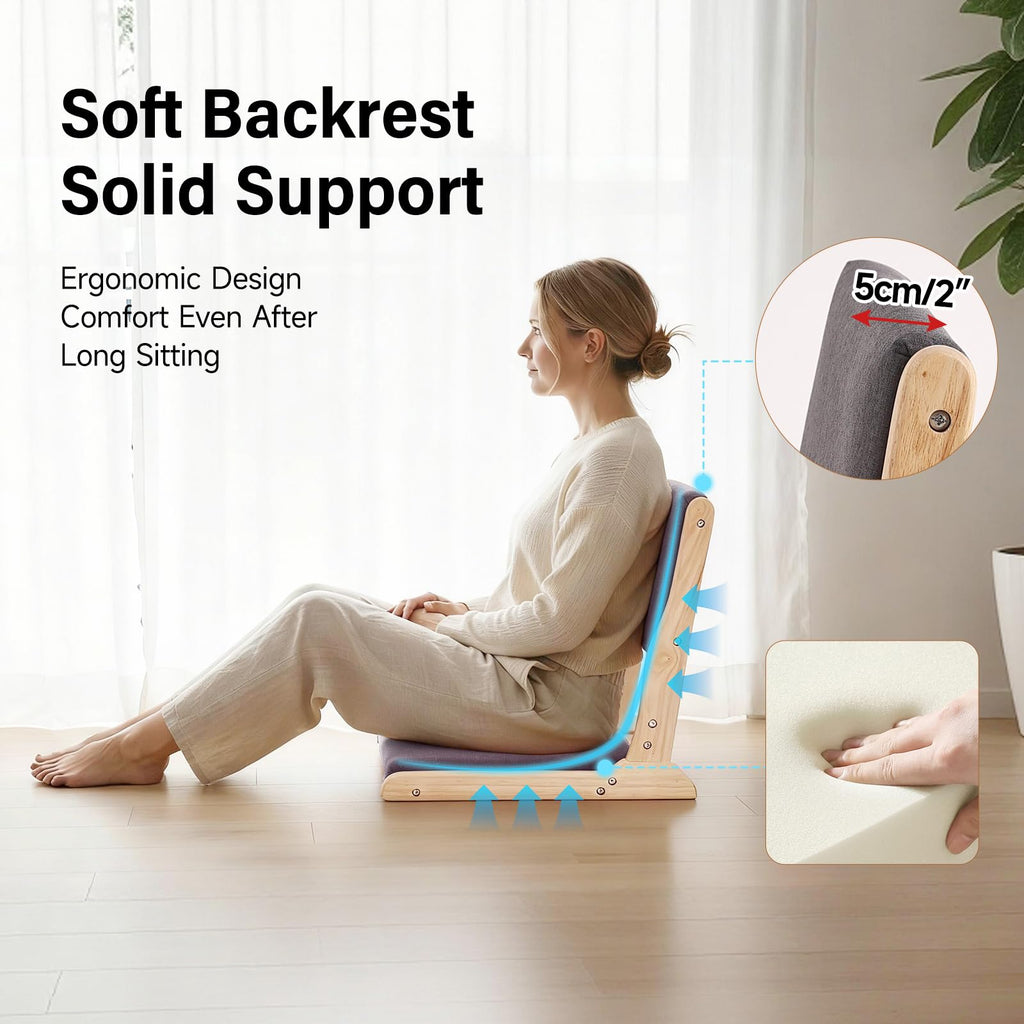 Tiita 2-Pack Foldable Meditation Floor Chairs with Back Support, Wood Grey