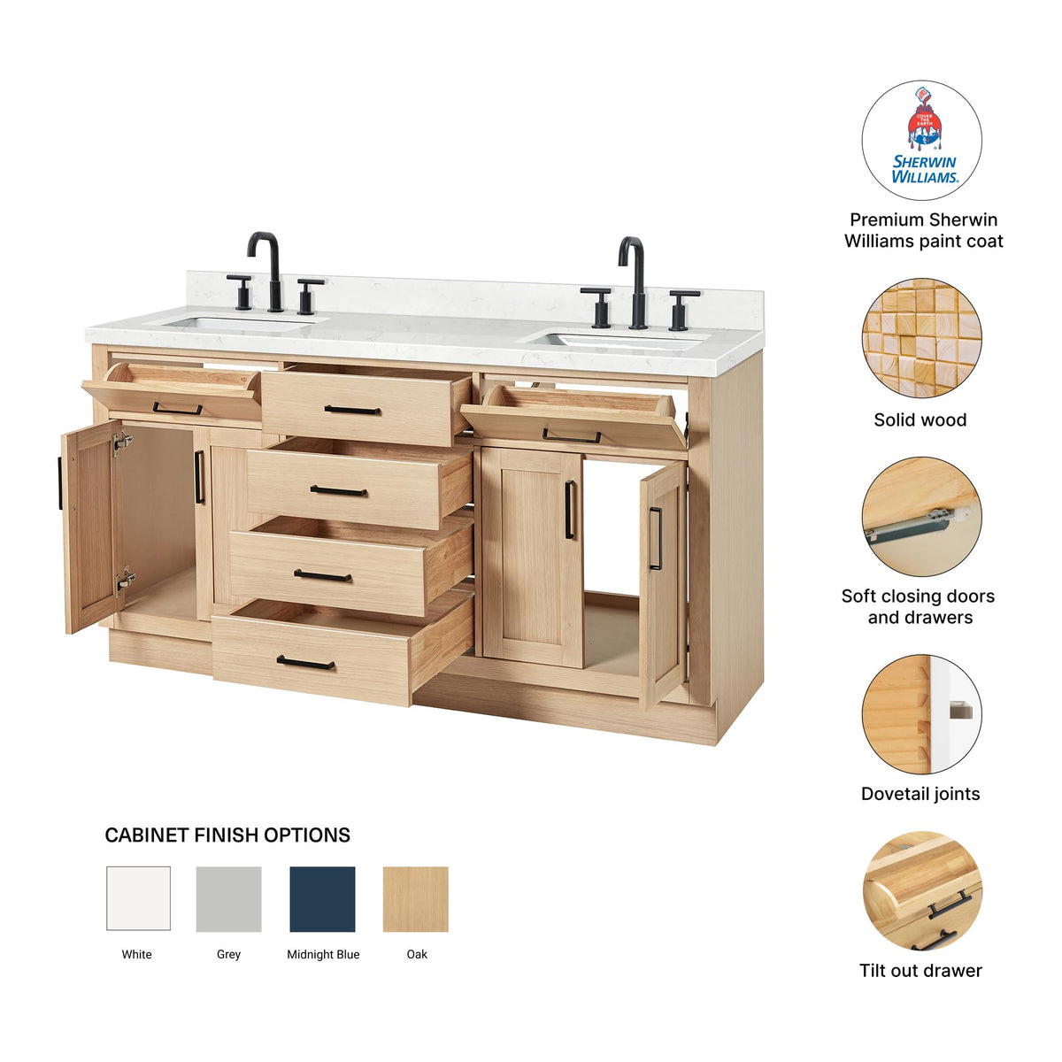 DKB Isabella 66" White Double Bathroom Vanity with 1.5" Carrara Quartz Countertop, Double Rectangular Undermount Sinks, 4 Soft Closing Doors, 6 Dovetail Drawers