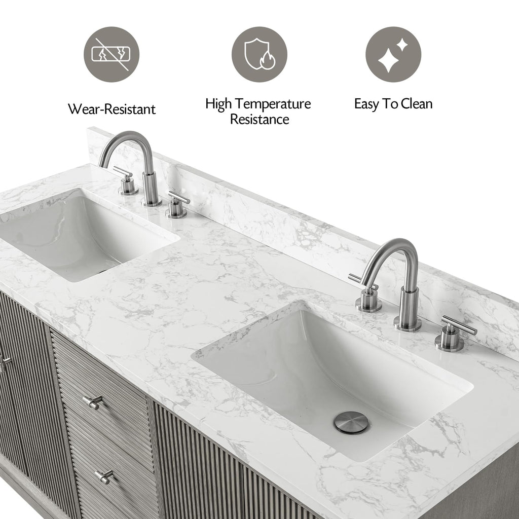 Vanity Art 72" Bathroom Vanity with Double Sink & Arabescato White Engineered Stone Top, Vanity Cabinet with Soft Closing Door, Solid Wood Frame, Golden Brushed Handles, Walnut VA8172D-Walnut-GB