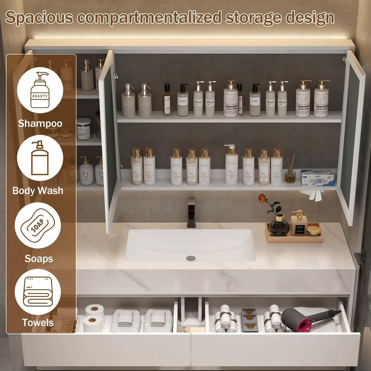 72" Bathroom Vanity with Double Sink, Fully Assembled, White