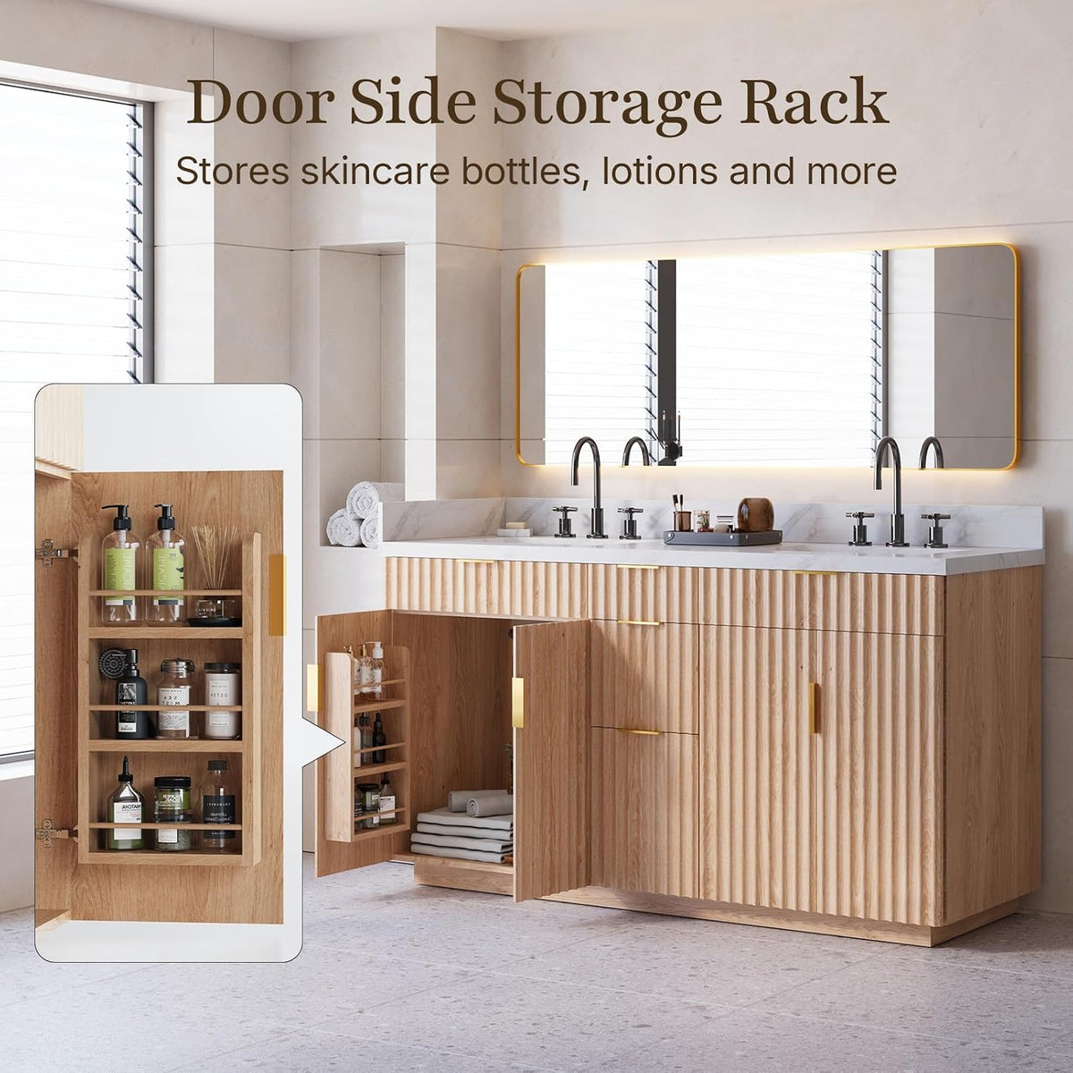 60 Inch Bathroom Vanity Double Sink, Solid Oak Wood, Quartz Top