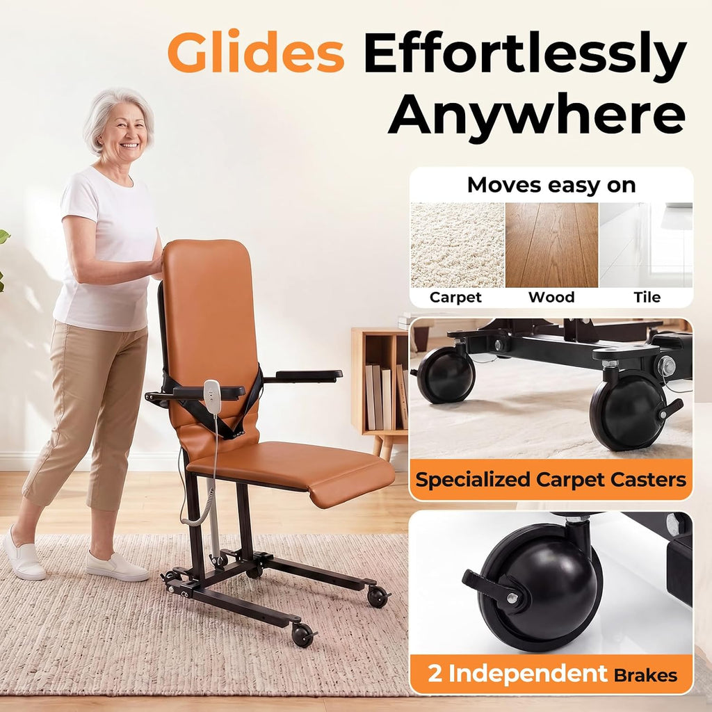 Steel Electric Floor Lift Chair with Wheels and PU Cushion, Floor Lift for Elderly, 440 LBS Capacity, Seat Belts and Handrails, Suitable for Home Use