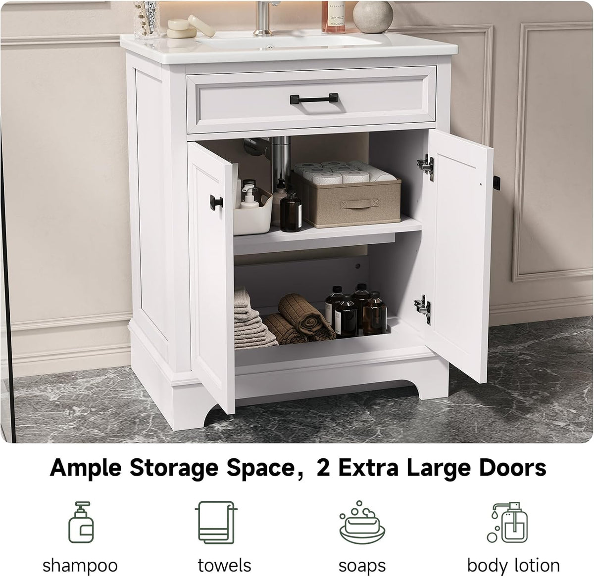 ONBRILL 28" Bathroom Vanity with Ceramic Sink, Soft Close Doors,White