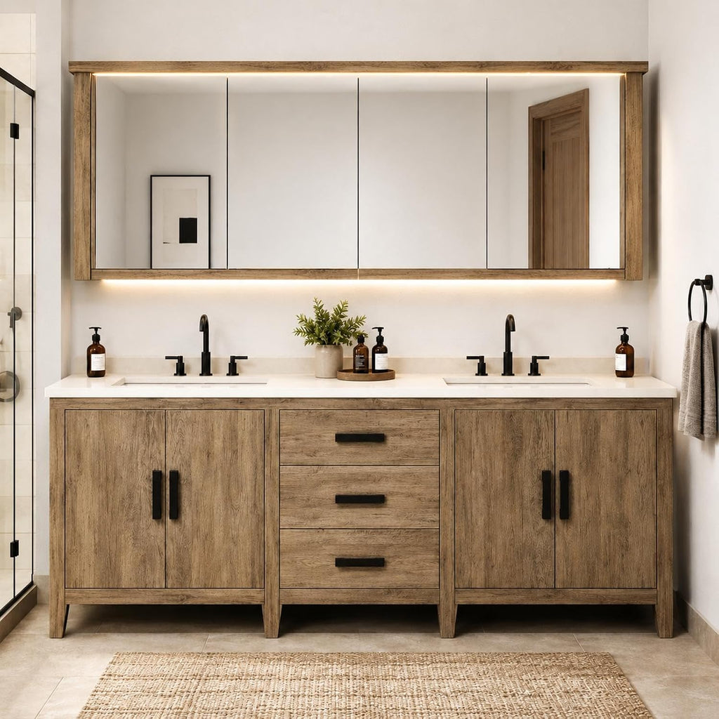 70 in Double Bathroom Vanity with Sinks - Modern Freestanding Bathroom Vanity with Solid Wood Construction | Anti-Fog Mirror | Integrated Stone Sink | Ready-to-Use Design