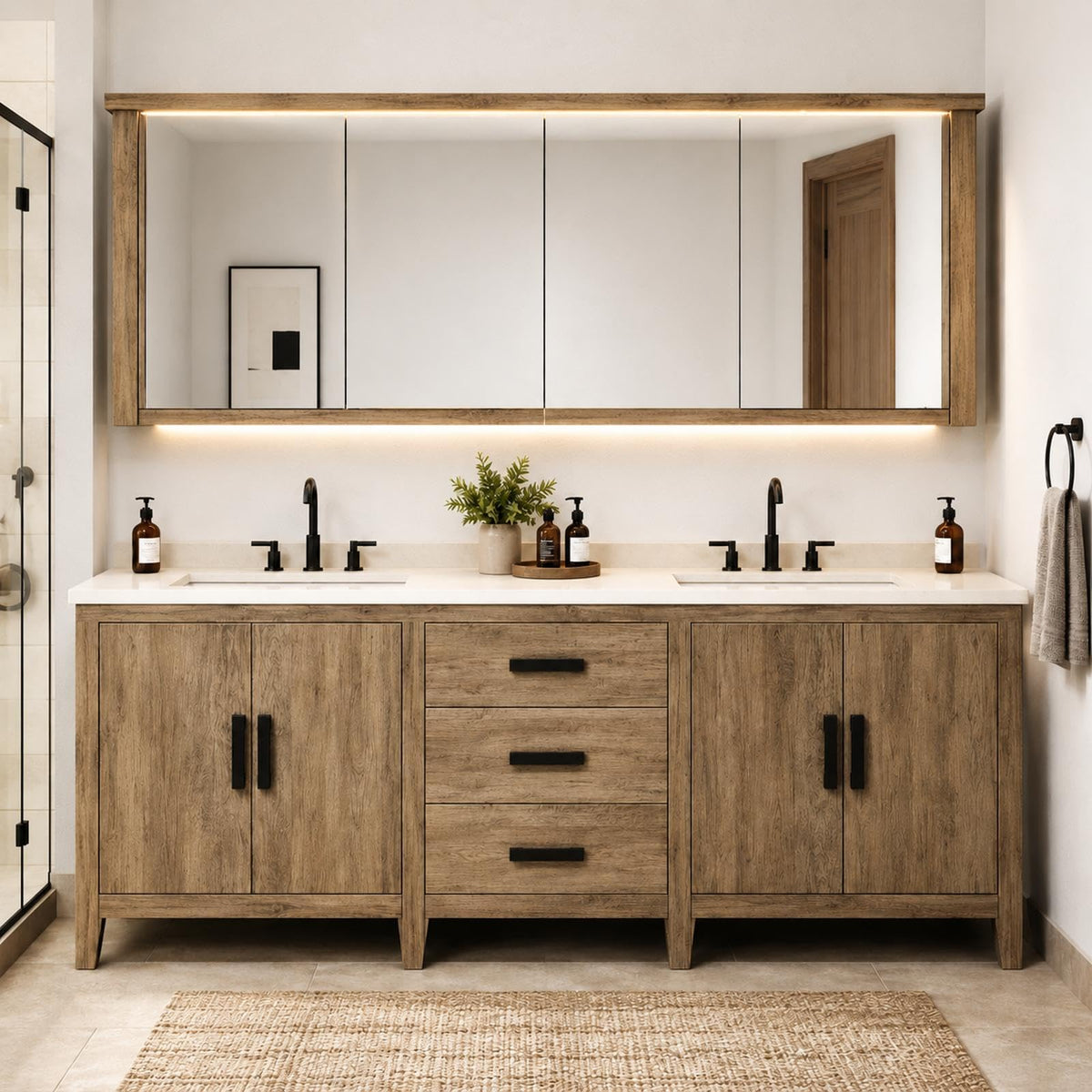 70 in Double Bathroom Vanity with Sinks - Modern Freestanding Bathroom Vanity with Solid Wood Construction | Anti-Fog Mirror | Integrated Stone Sink | Ready-to-Use Design
