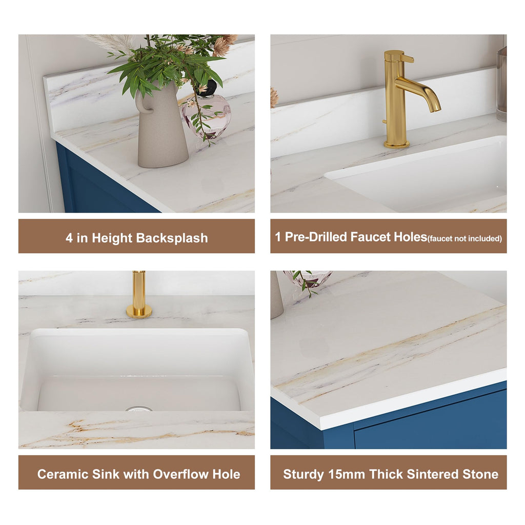 60" Bathroom Vanity Single Sink with 3 Hole, Sink Bathroom Vanity with Solid Wood Frame Storage,Soft Close Double Doors & 9 Sliding Drawers, with Gold Accents