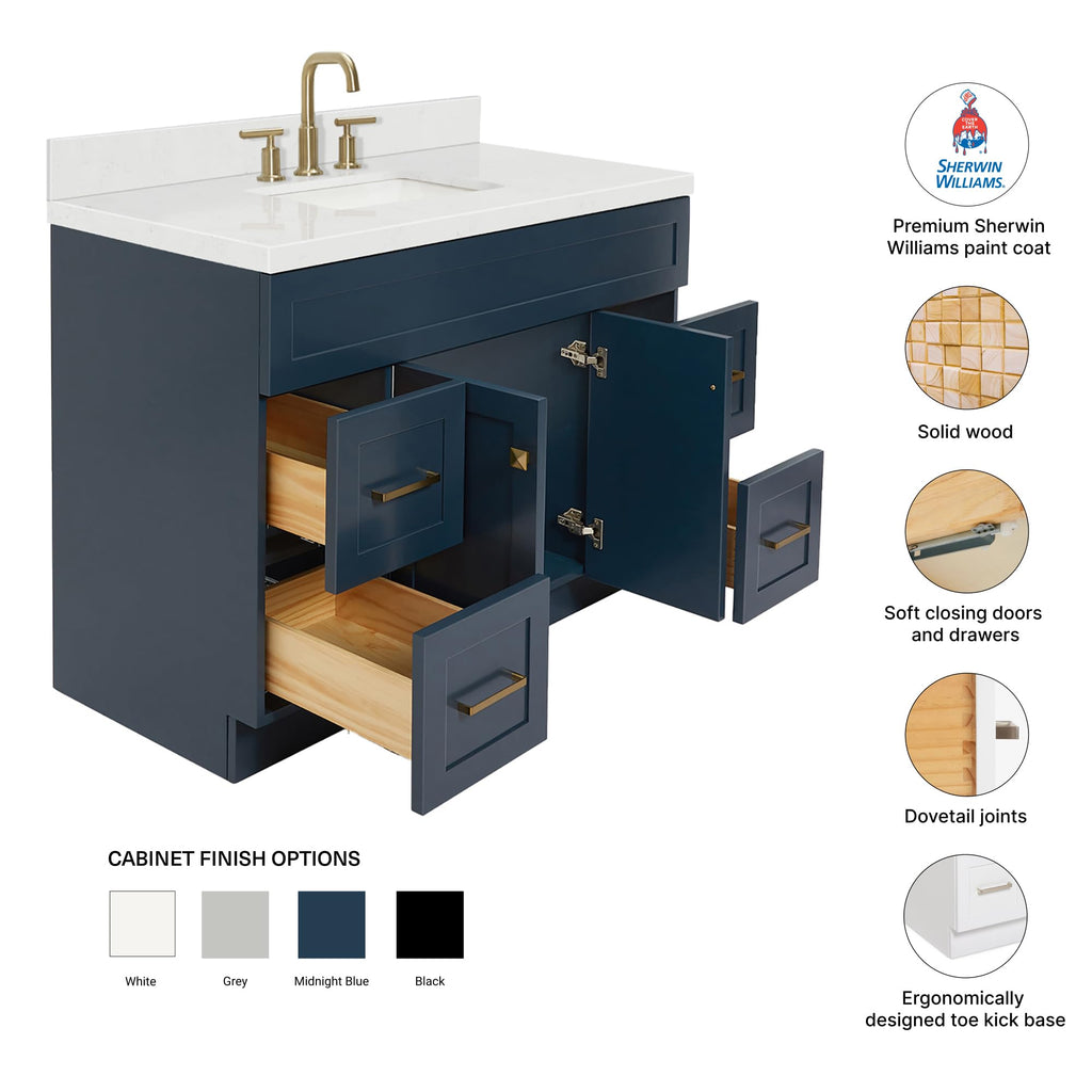 DKB Emilia 48-Inch Bathroom Vanity with Sink â Midnight Blue Single Sink Bathroom Vanity, 1.5" Edge Carrara Quartz Countertop, Solid Wood, 2 Soft Closing Doors, 9 Dovetail Drawers