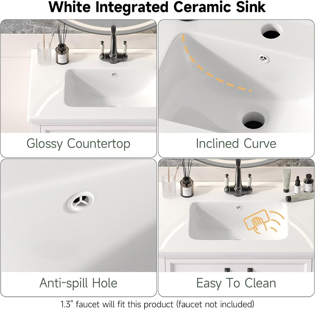 ONBRILL 28" Bathroom Vanity with Ceramic Sink, Soft Close Doors,White