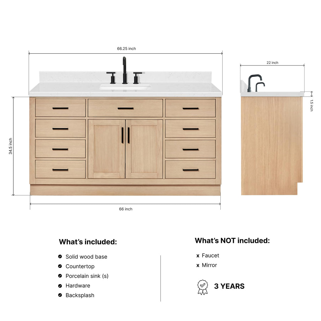 ARIEL Hepburn 66-inch Bathroom Vanity with Sink,Solid Wood, 1.5-inch Pure White Quartz Countertop & Backsplash, Single Rectangular Porcelain Sink, 2 Soft Closing Doors, 9 Dovetail Drawers, White