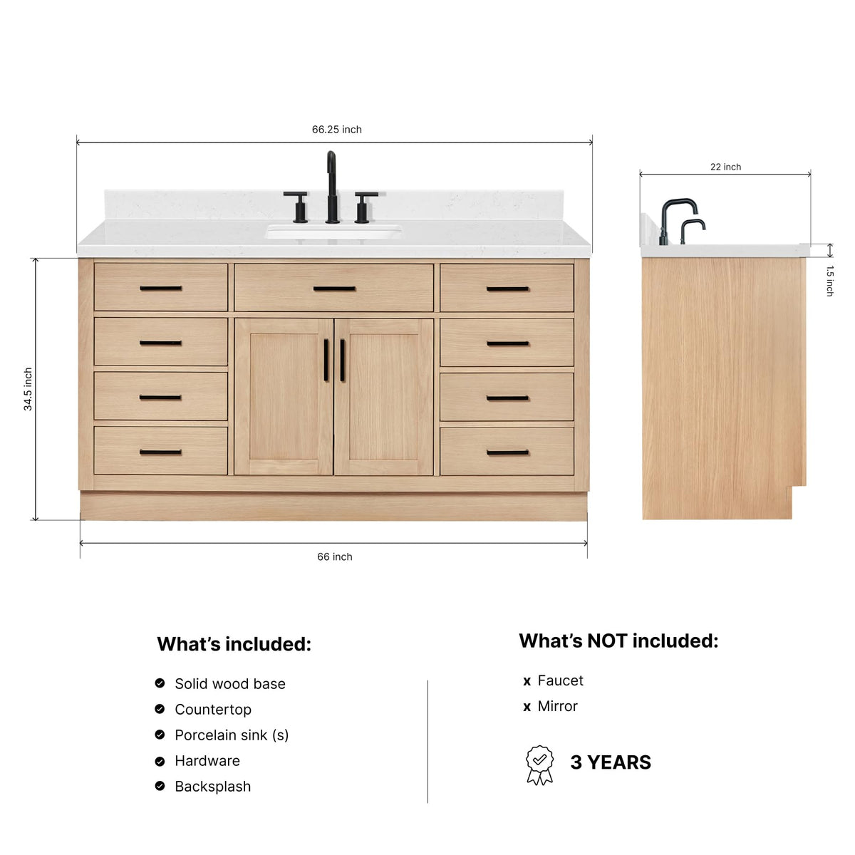ARIEL Hepburn 66-inch Bathroom Vanity with Sink,Solid Wood, 1.5-inch Pure White Quartz Countertop & Backsplash, Single Rectangular Porcelain Sink, 2 Soft Closing Doors, 9 Dovetail Drawers, White