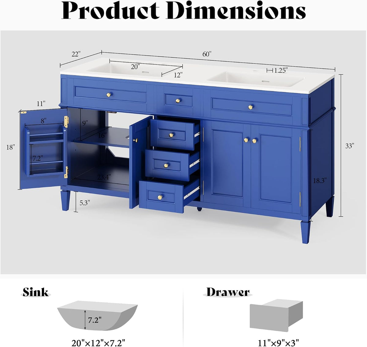 AMERLIFE 60â³ Bathroom Vanity with Sink Combo & 3 Storage Drawers