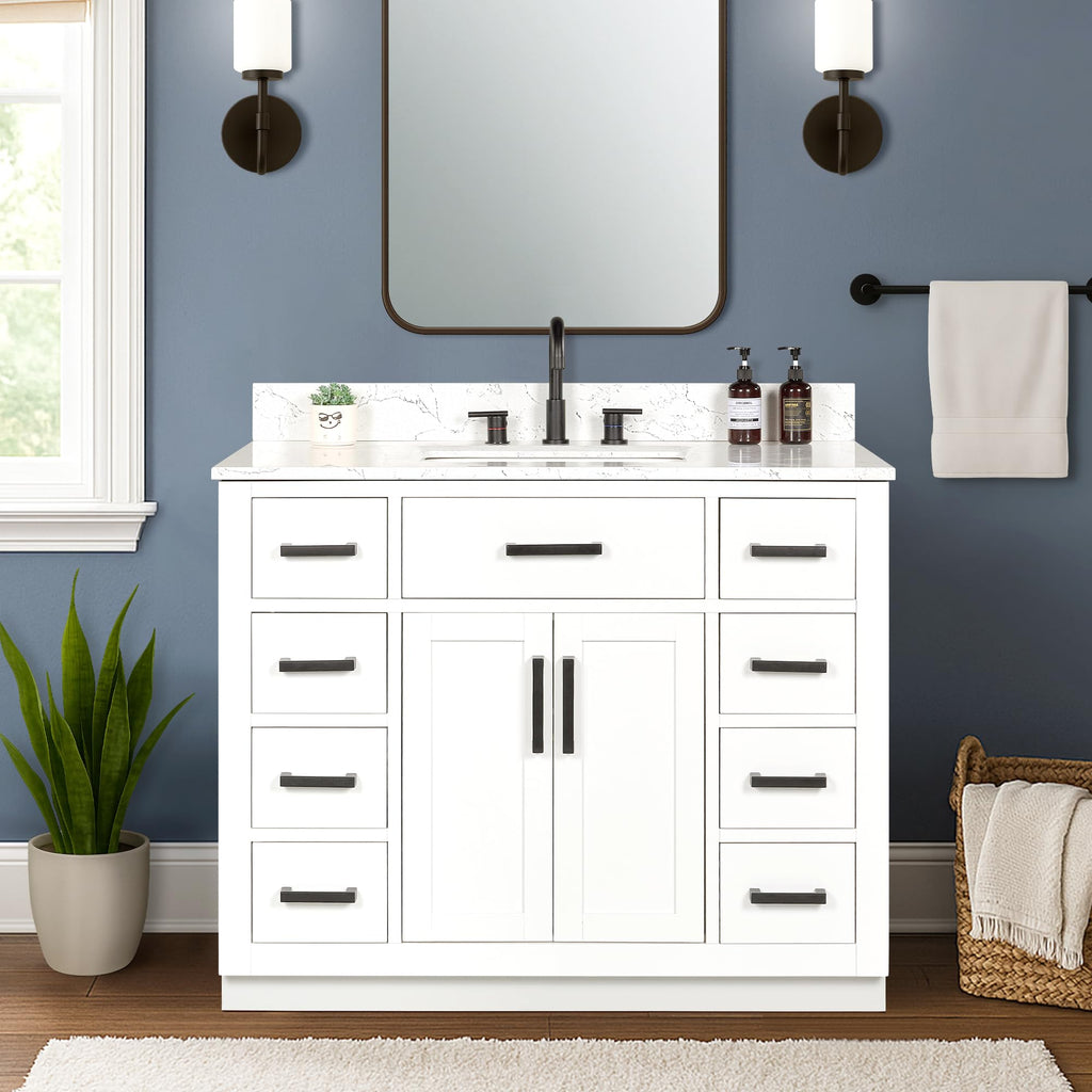 48-inch Dark Walnut Bathroom Vanity with Sink, Solid Wood, 0.79-inch Stone Countertop and Backsplash, 9 Drawers, 2 Soft Closing Doors