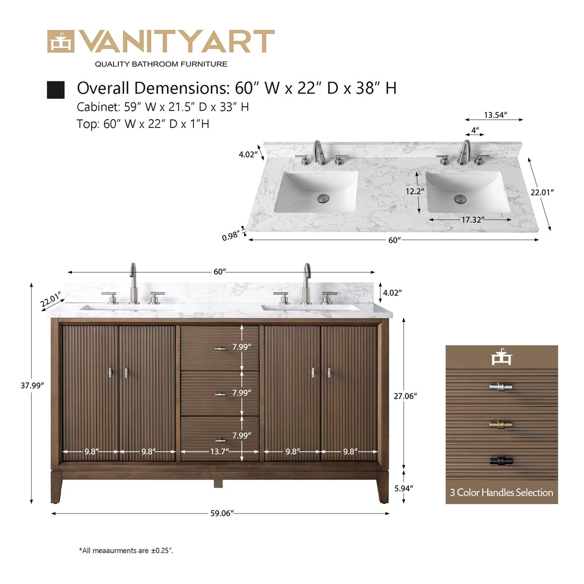 Vanity Art 72" Bathroom Vanity with Double Sink & Arabescato White Engineered Stone Top, Vanity Cabinet with Soft Closing Door, Solid Wood Frame, Golden Brushed Handles, Walnut VA8172D-Walnut-GB