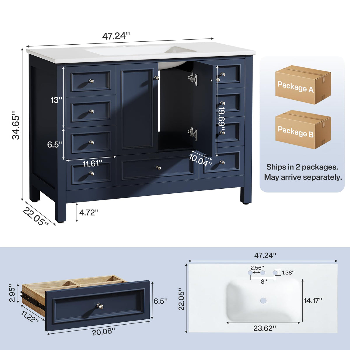 Tribesigns 30" Bathroom Vanity with Sink, Freestanding Bathroom Vanities Cabinet with Ceramic Basin Combo, Bathroom Sink Cabinet with 2 Doors and 1 Drawer, Solid Wooden Frame (Navy Blue, 30 INCH)