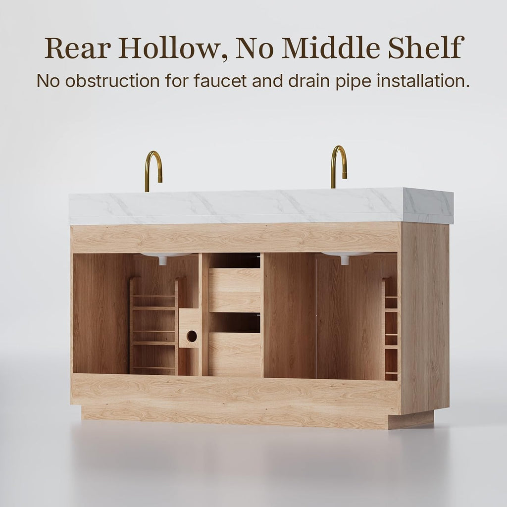 60 Inch Bathroom Vanity Double Sink, Solid Oak Wood, Quartz Top