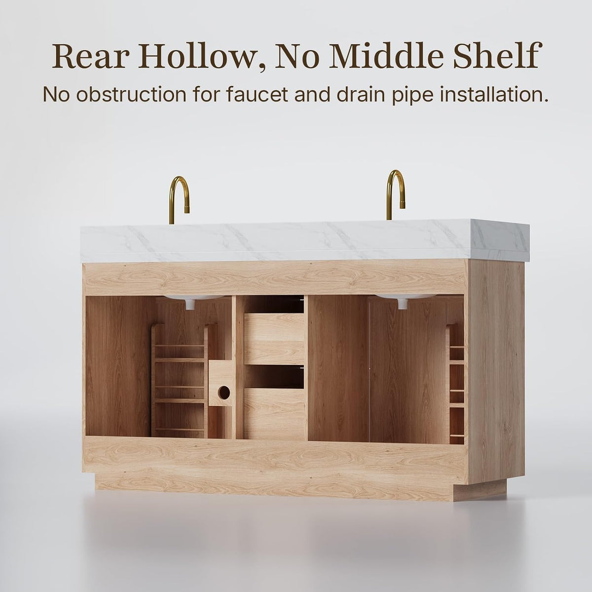 60 Inch Bathroom Vanity Double Sink, Solid Oak Wood, Quartz Top