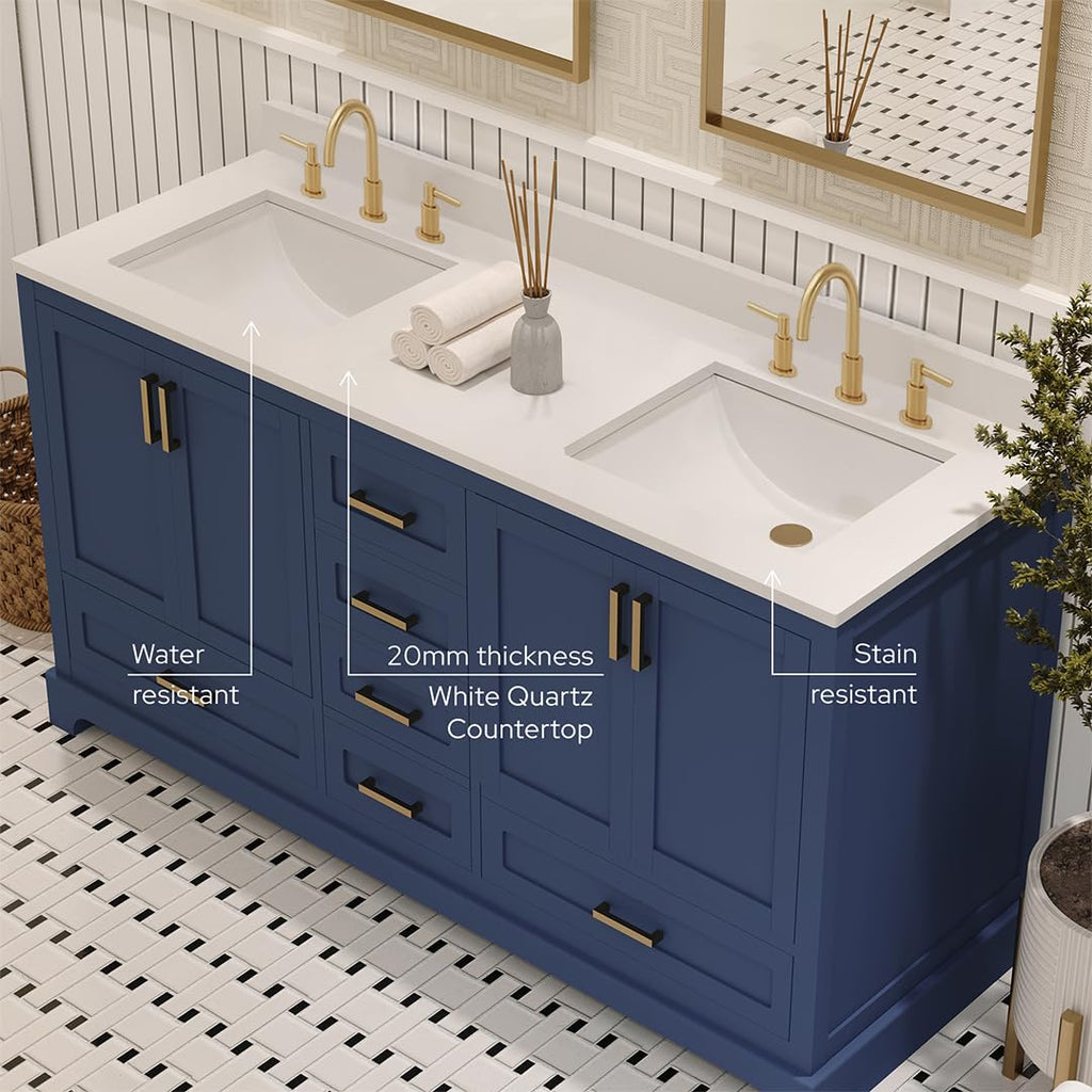 Ayna Decors Maya 72 Inch Double Vanity with Sink and Pre Drilled Faucet Holes Quartz Top in Charcoal Grey, Freestanding Bathroom Vanities with Soft Close Doors and Drawers - Brushed Gold Hardware