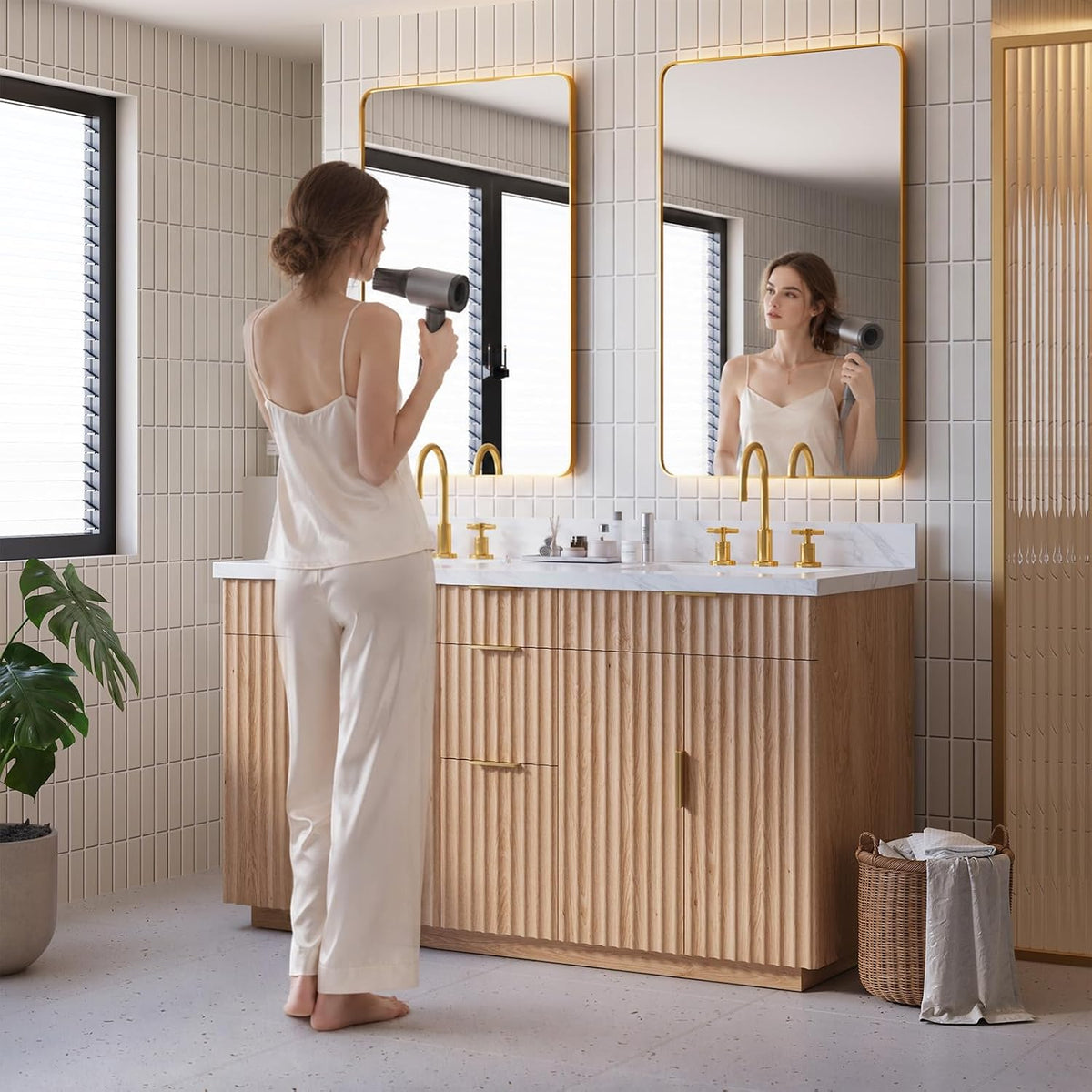 60 Inch Bathroom Vanity Double Sink, Solid Oak Wood, Quartz Top