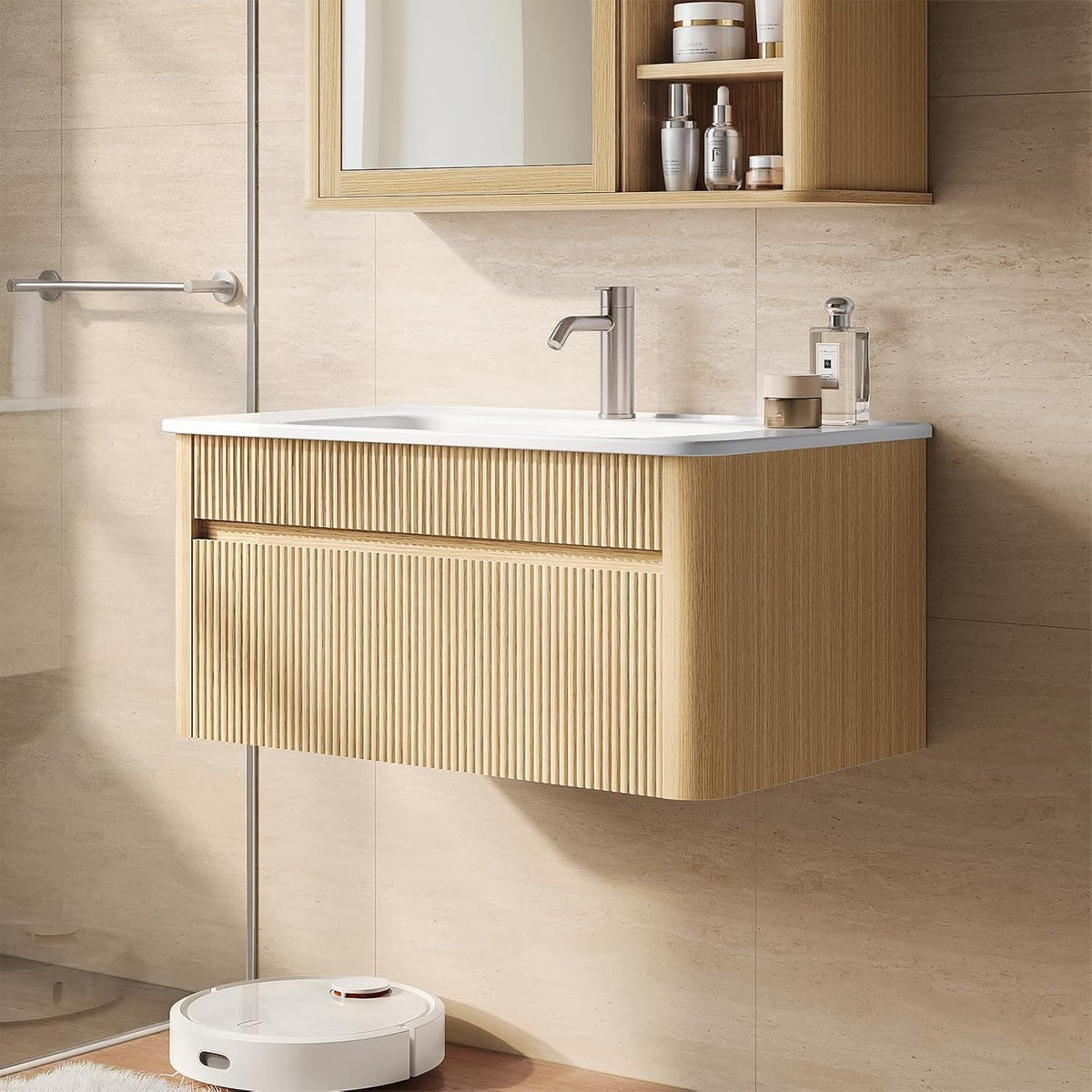 ModernMate 30 Inch Floating Bathroom Vanity with Ceramic Sink Combo, Solid Wood Curved Frame, Fluted Modern Wall Mounted Single Cabinet, Smart Storage, Soft-Close Drawer, Easy Assembly, Oak