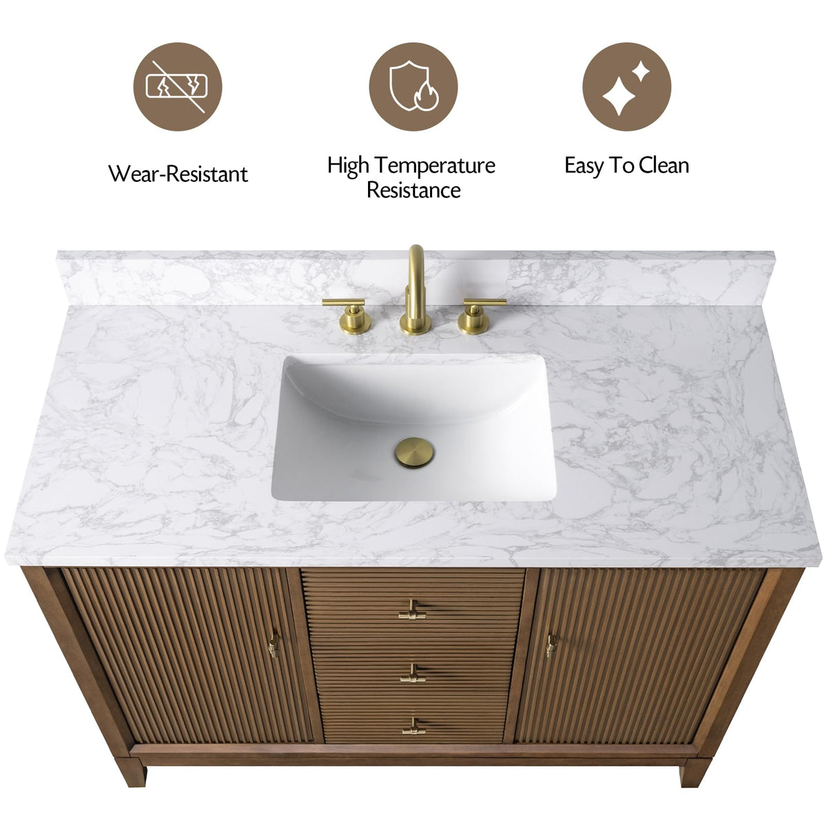 Vanity Art 72" Bathroom Vanity with Double Sink & Arabescato White Engineered Stone Top, Vanity Cabinet with Soft Closing Door, Solid Wood Frame, Golden Brushed Handles, Walnut VA8172D-Walnut-GB