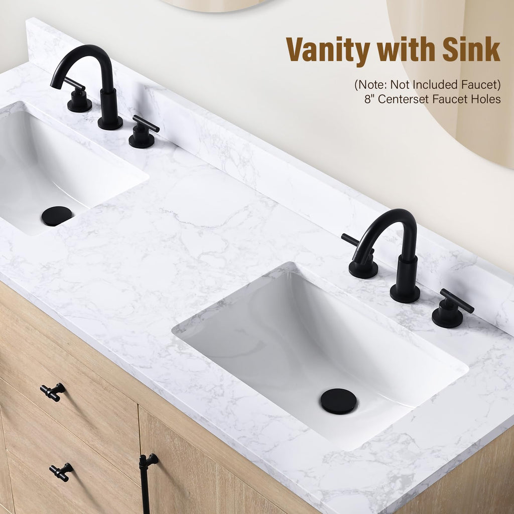 HOMEBEYOND 72" Bathroom Vanity with Double Sink & Ceramic Top, MDF Material Vanity Cabinet with Basin Combo, Soft-Closing Doors, Removable Shelf, Backsplash, Tan