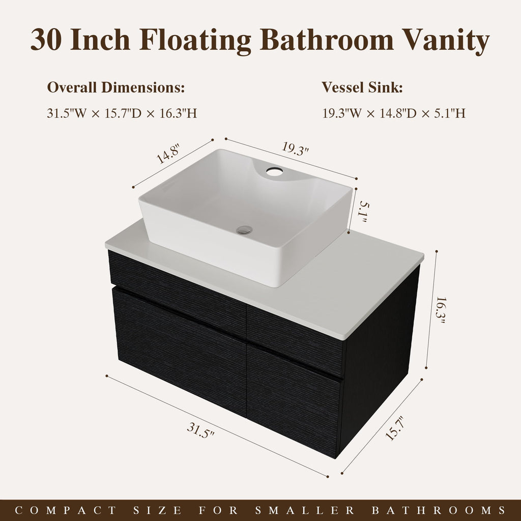 36 Inch Bathroom Vanity with Sink, Black Floating Wall Mounted Vanity