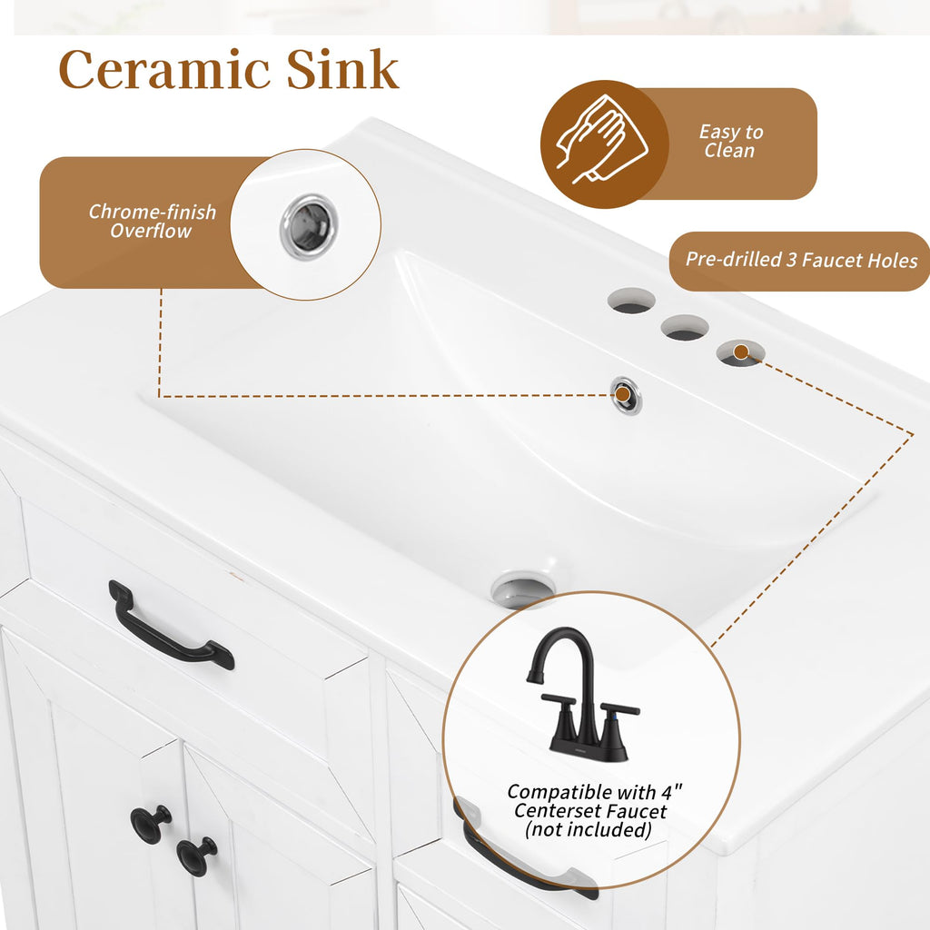 36 Inch Bathroom Vanities with Undermount Ceramic Sink, Storage Cabinet with Soft Closing Doors and Three Drawers, Solid Wood Frame, Natural Wood