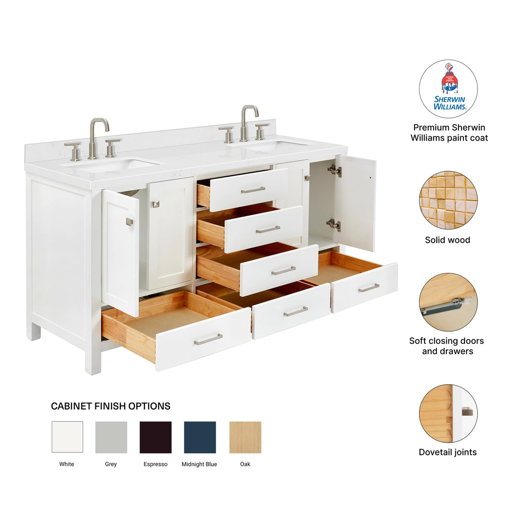 DKB Isabella 66" White Double Bathroom Vanity with 1.5" Carrara Quartz Countertop, Double Rectangular Undermount Sinks, 4 Soft Closing Doors, 6 Dovetail Drawers