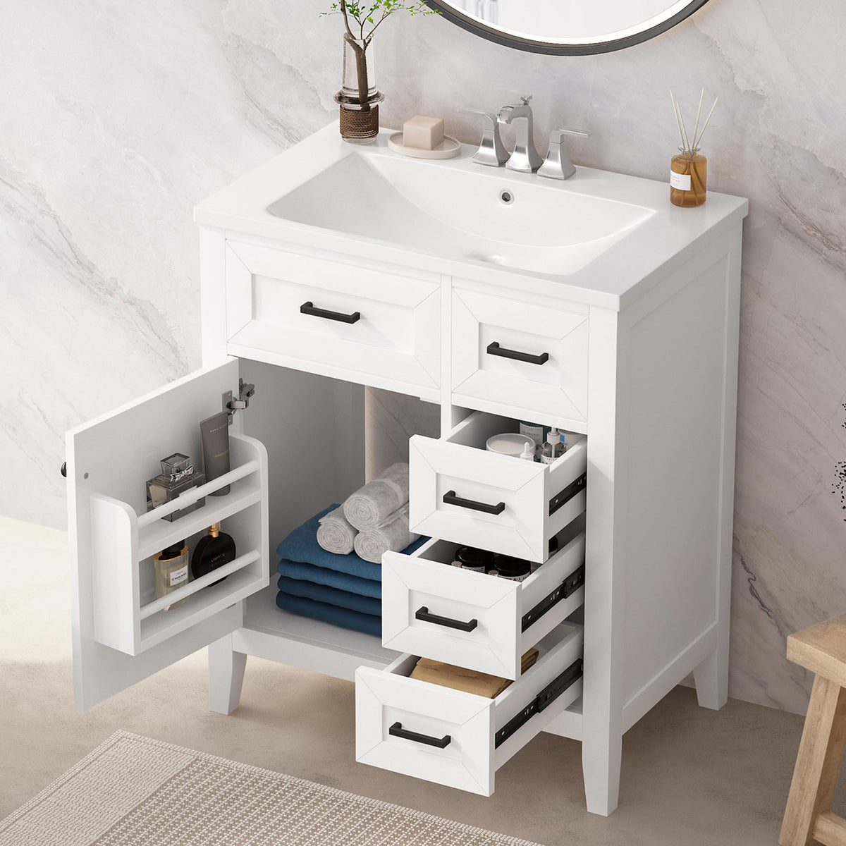 36 Inch Bathroom Vanities with Undermount Ceramic Sink, Storage Cabinet with Soft Closing Doors and Three Drawers, Solid Wood Frame, Natural Wood